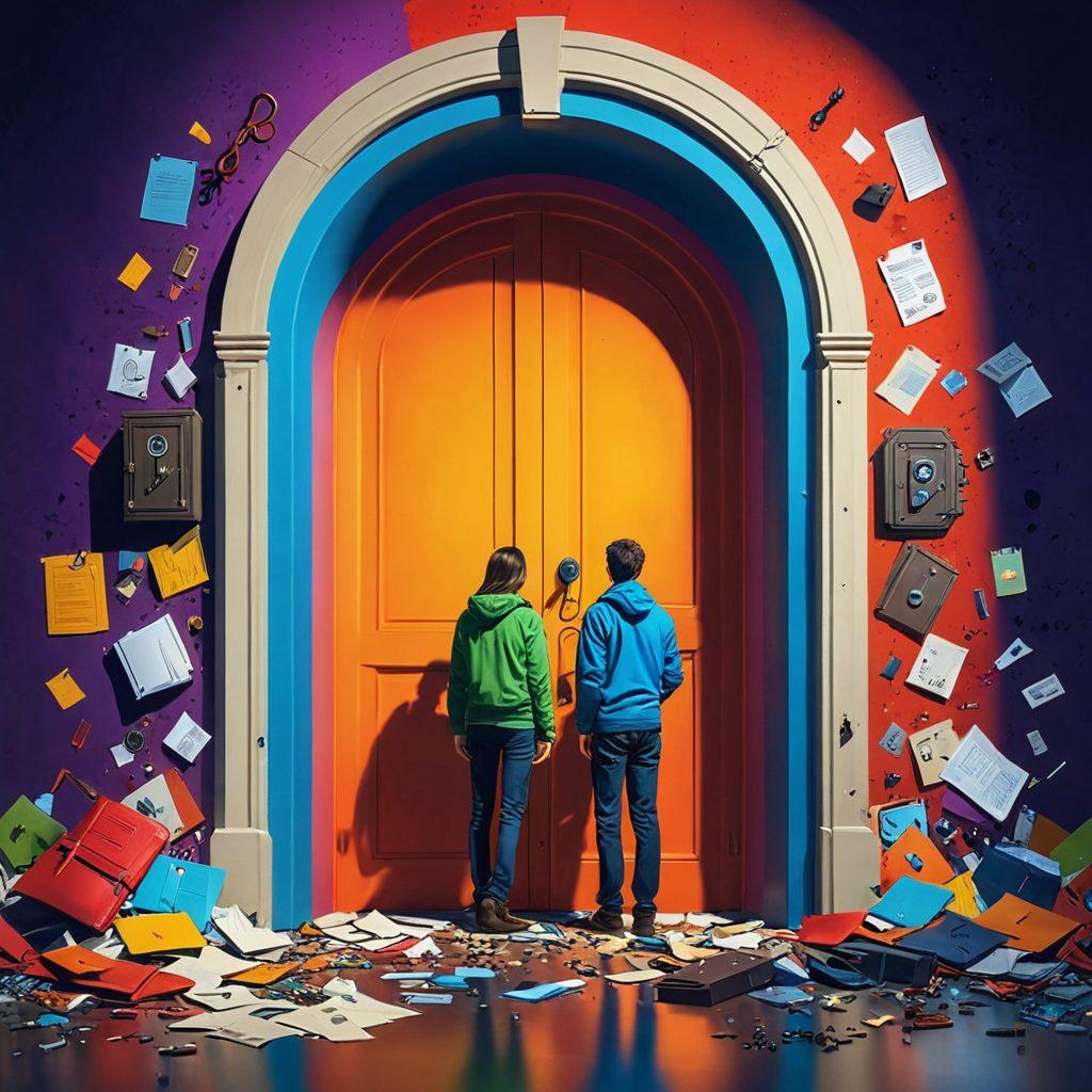 A stylized illustration of a person standing in front of a large, mysterious vault door, surrounded by scattered lost items like keys, documents, and small treasures. The scene radiates an aura of discovery and hope, highlighting the theme of reclaiming lost belongings. Soft light illuminating the vault adds a sense of warmth and possibility. vibrant colors. modern vector art.