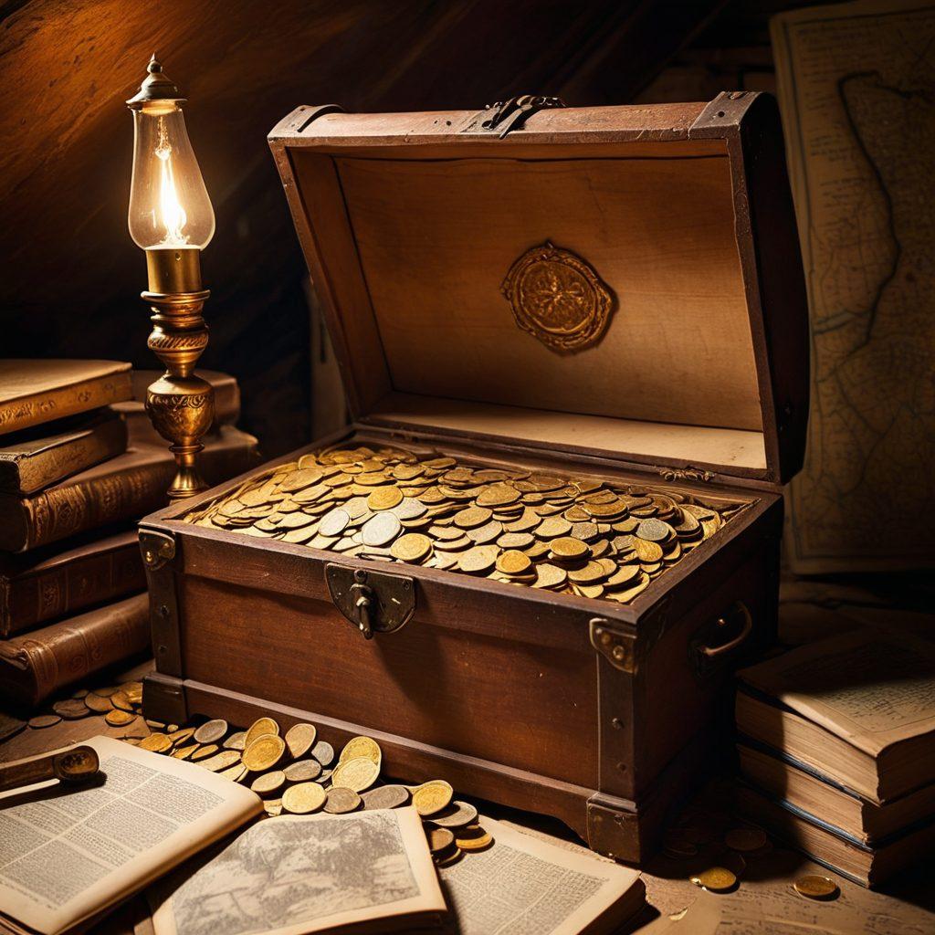 A treasure chest overflowing with gold coins, ancient artifacts, and sparkling gemstones situated in a dimly lit attic filled with dusty old books and maps. A soft beam of light highlights the chest, casting intriguing shadows that hint at hidden stories. In the background, small, faded photographs of family members and lost mementos evoke nostalgia, symbolizing forgotten treasures waiting to be rediscovered. super-realistic. warm tones. dramatic lighting.